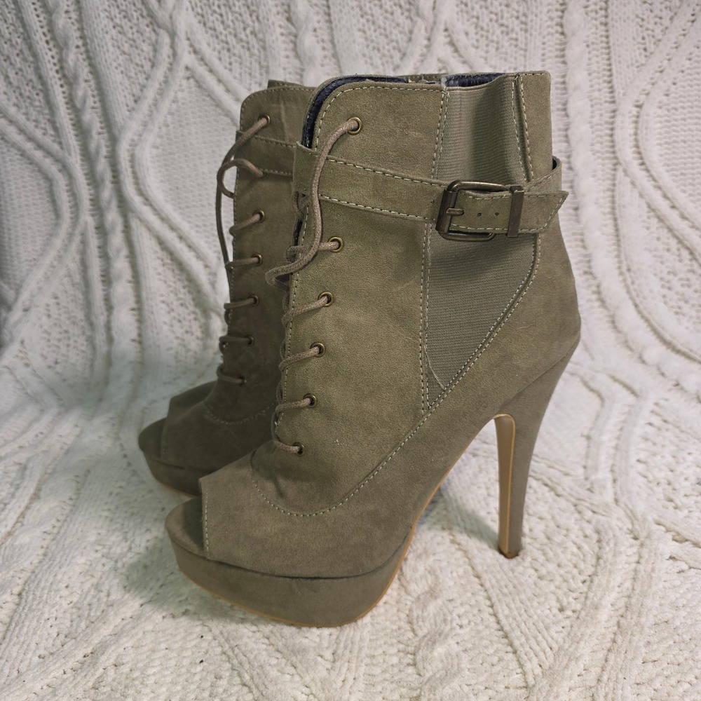 JustFab Domika Peep Toe Platform Booties Taupe Lace Up Stiletto Womens 9